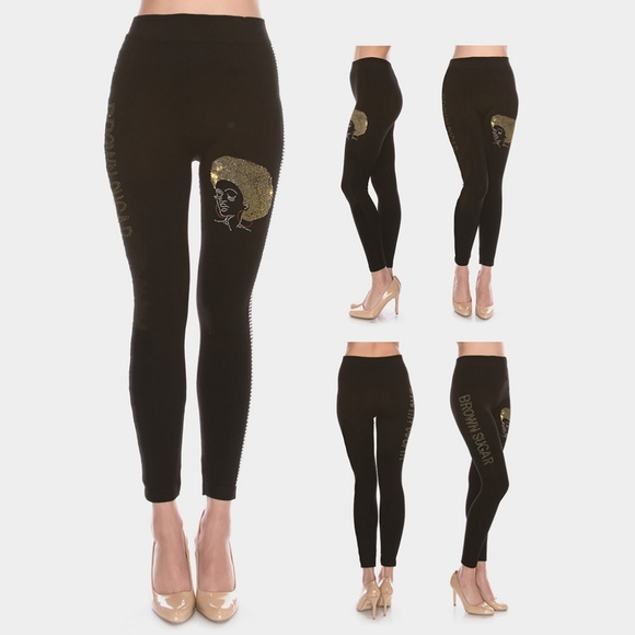 Wise Jewels Pants - Rhinestone Afro Lady Black Leggings One Size